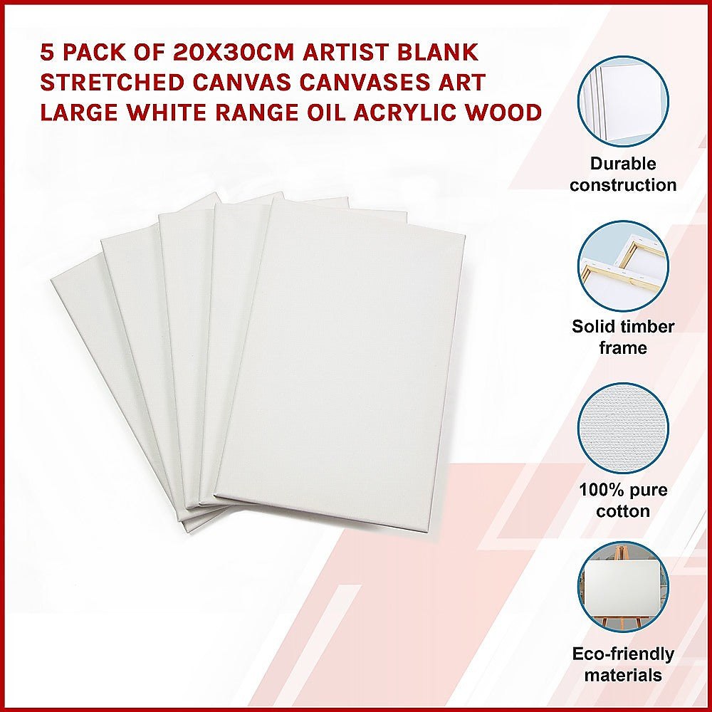 5 pack of 20x30cm Artist Blank Stretched Canvas