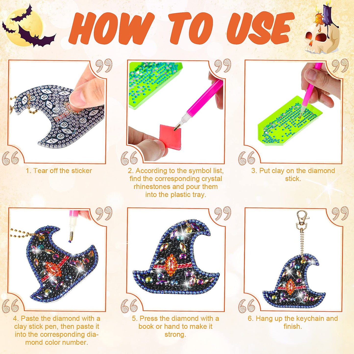 9Pcs Halloween 5D Diamond Painting Keychain Pendant Craft Kit 