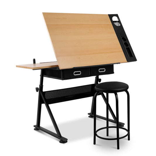 Artiss Tilt Drafting Table Stool Set - Natural & Black Furniture > Office