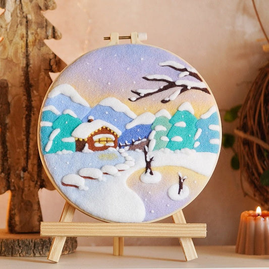 Christmas Wool Felt Painting Craft Kits With Frame - Pastel Snow Wool Felting Kits