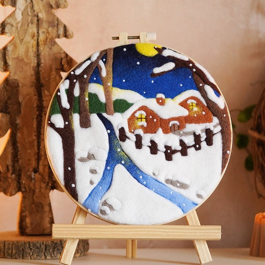Christmas Wool Felt Painting Craft Kits With Frame - Snow Cottage Wool Felting Kits