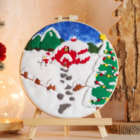 Christmas Wool Felt Painting Craft Kits With Frame - Snowman Red Cottage Wool Felting Kits