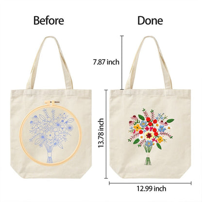 DIY Back Canvas Tote Bag Embroidery Kit Floral Bunch Art
