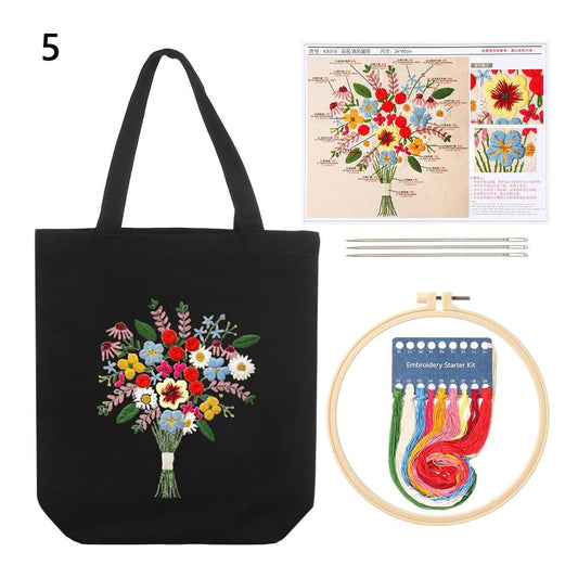 DIY Back Canvas Tote Bag Embroidery Kit Floral Bunch Art