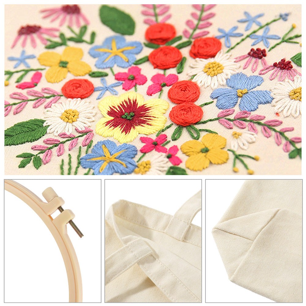 DIY Back Canvas Tote Bag Embroidery Kit Floral Bunch Art