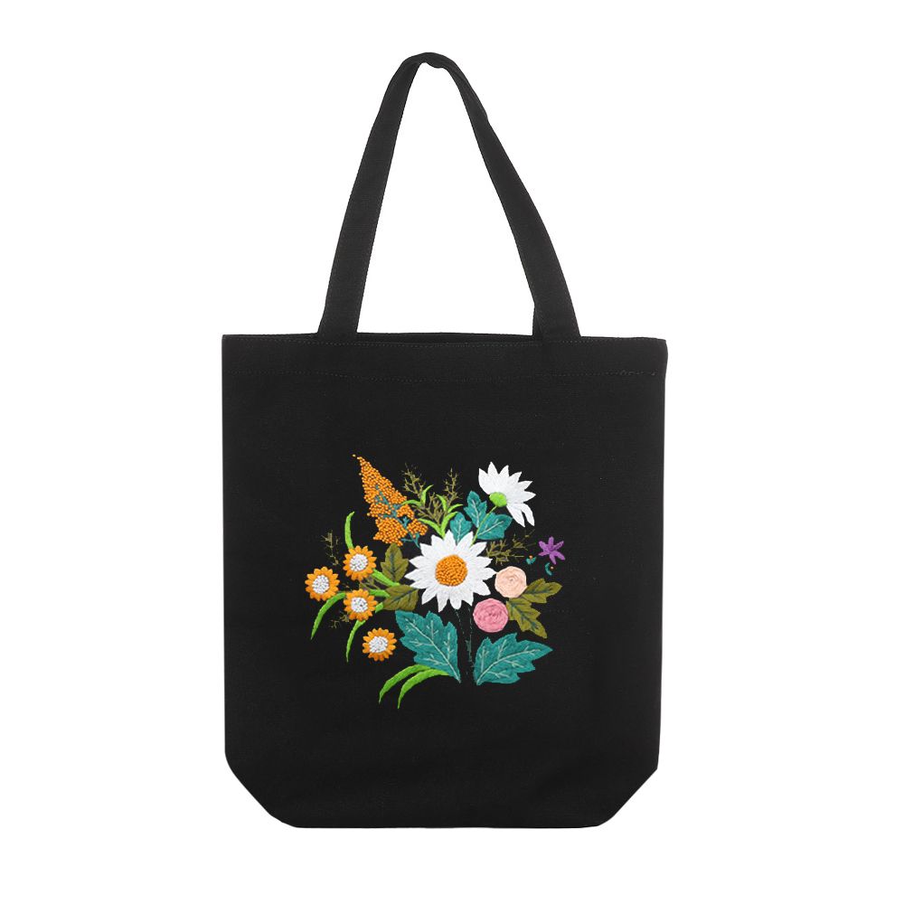 DIY Black Canvas Tote Bag Embroidery Kit Autumn Floral Art