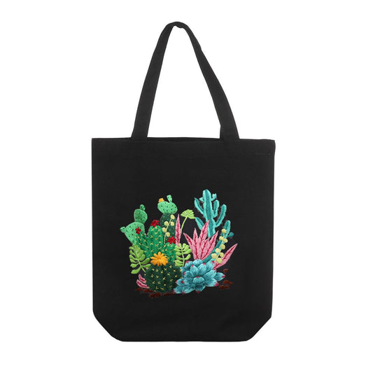 DIY Black Canvas Tote Bag Embroidery Kit Cactus Art