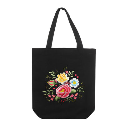 DIY Black Canvas Tote Bag Embroidery Kit Floral Roses Art