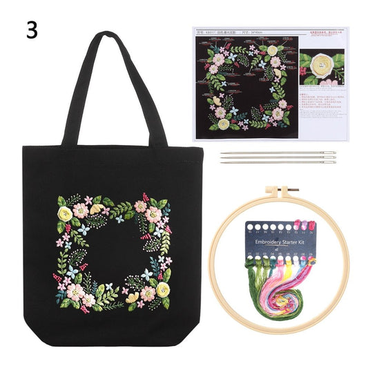 DIY Black Canvas Tote Bag Embroidery Kit Pink Floral 