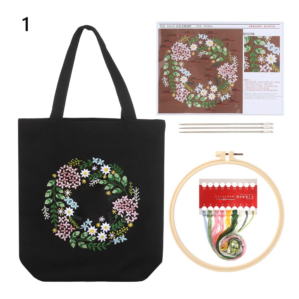 DIY Black Canvas Tote Bag Embroidery Kit Purple Floral Art