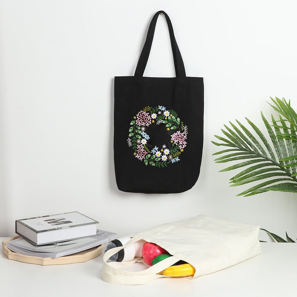 DIY Black Canvas Tote Bag Embroidery Kit Purple Floral Art