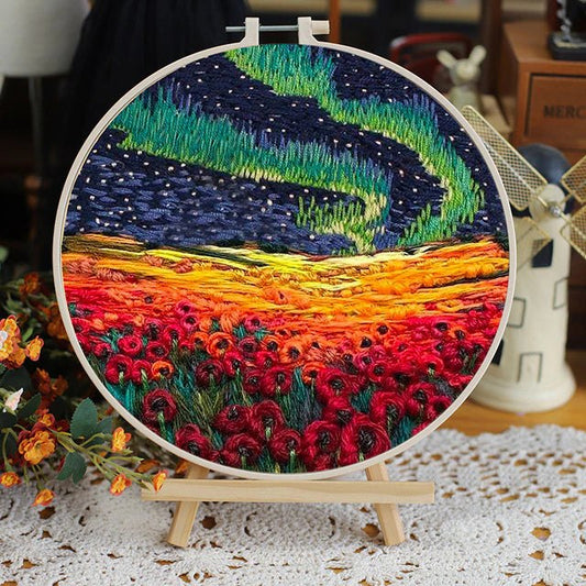 DIY Embroidery Kit - Northern Skies Over Red Flower Field
