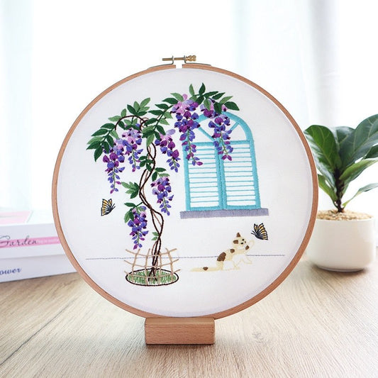 DIY Embroidery Kit - Purple Floral Blue Window Embroidery