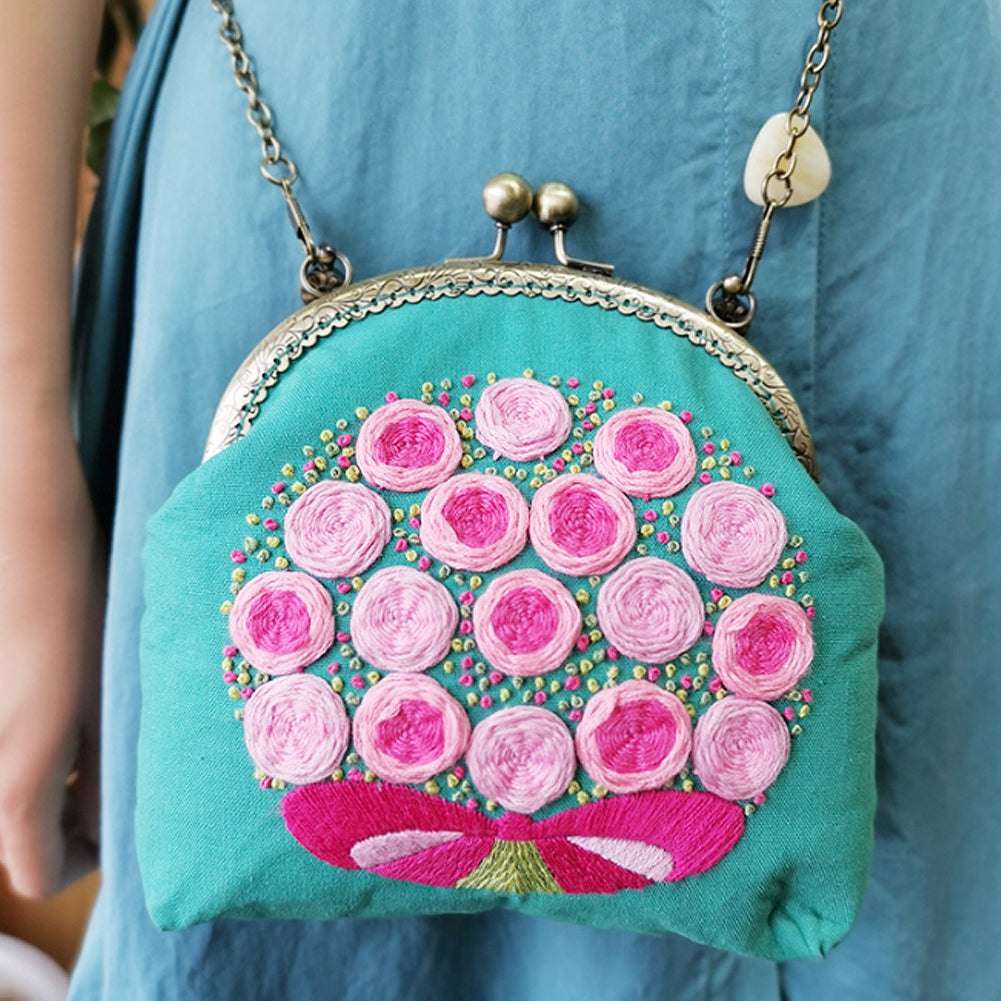 DIY Embroidery Purse Bag Kit Aqua Floral Art