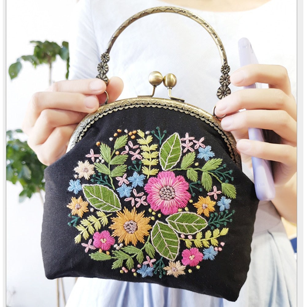 DIY Embroidery Purse Bag Kit Black Flowers Art