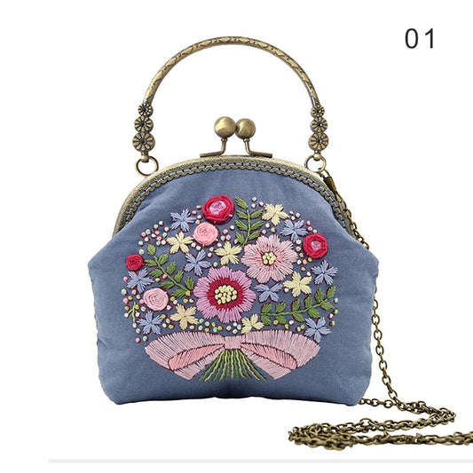 DIY Embroidery Purse Bag Kit Blue Floral Art