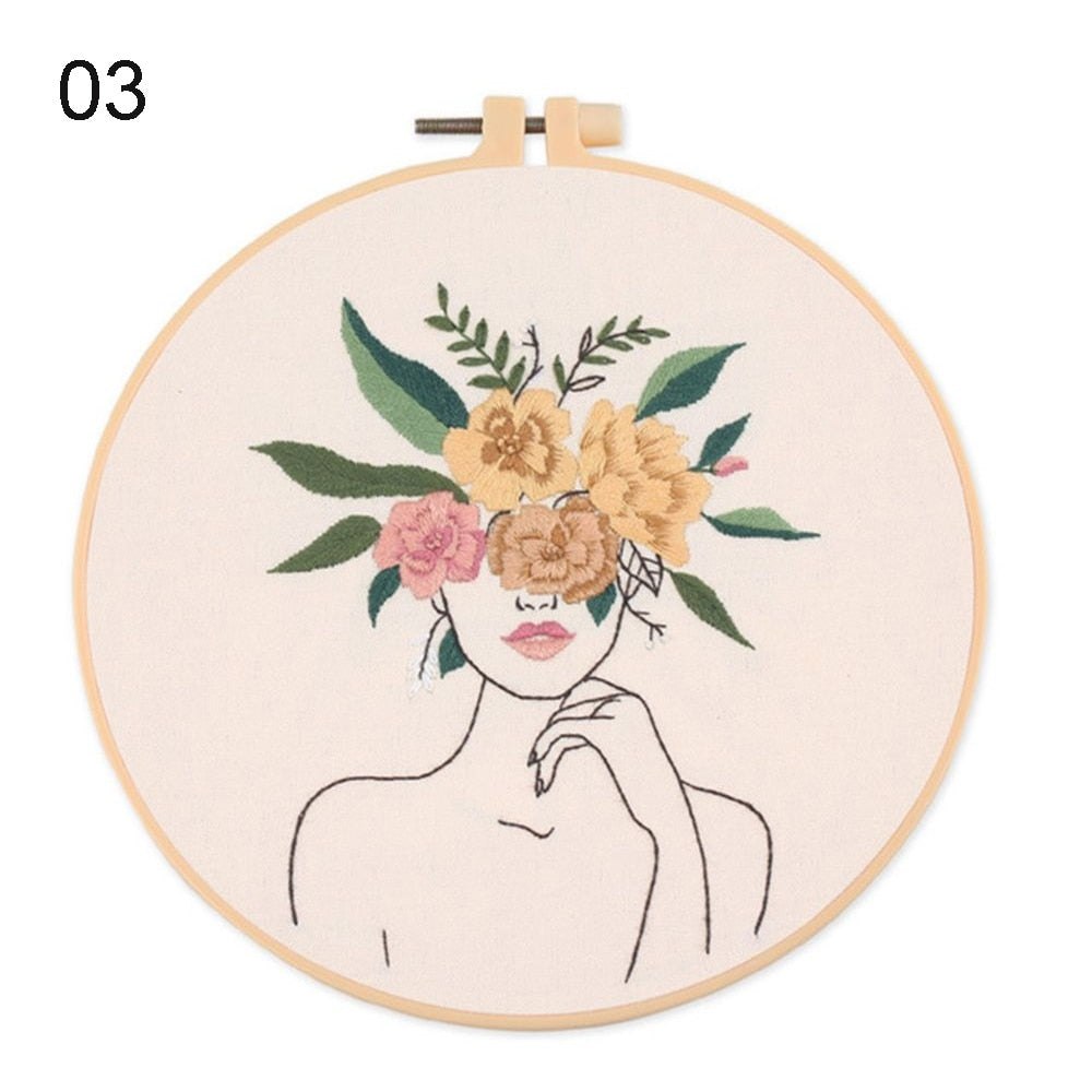 DIY Embroidery Starter Kit with Hoop - Lady Floral Head Range Embroidery