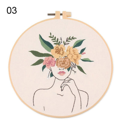 DIY Embroidery Starter Kit with Hoop - Lady Floral Head Range Embroidery