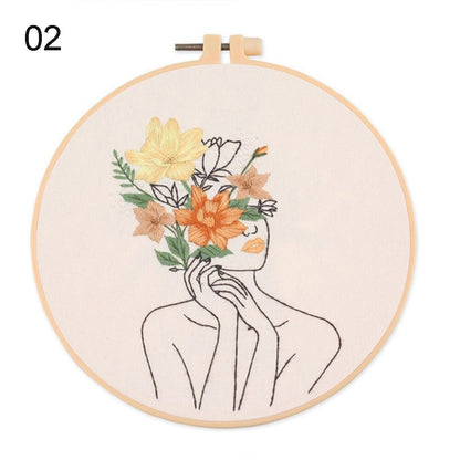 DIY Embroidery Starter Kit with Hoop - Lady Floral Head Range