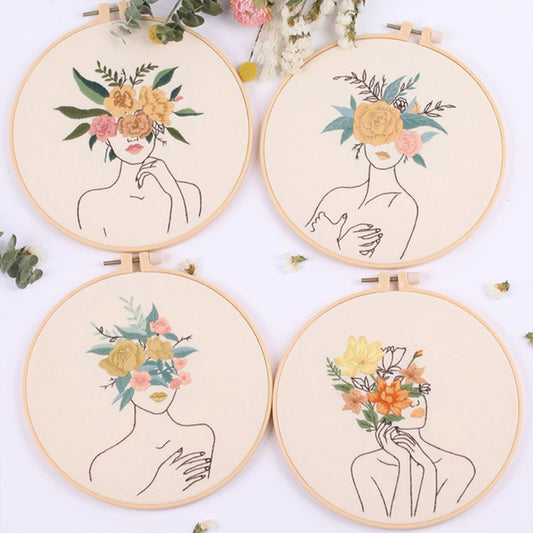 DIY Embroidery Starter Kit with Hoop - Lady Floral Head Range Embroidery