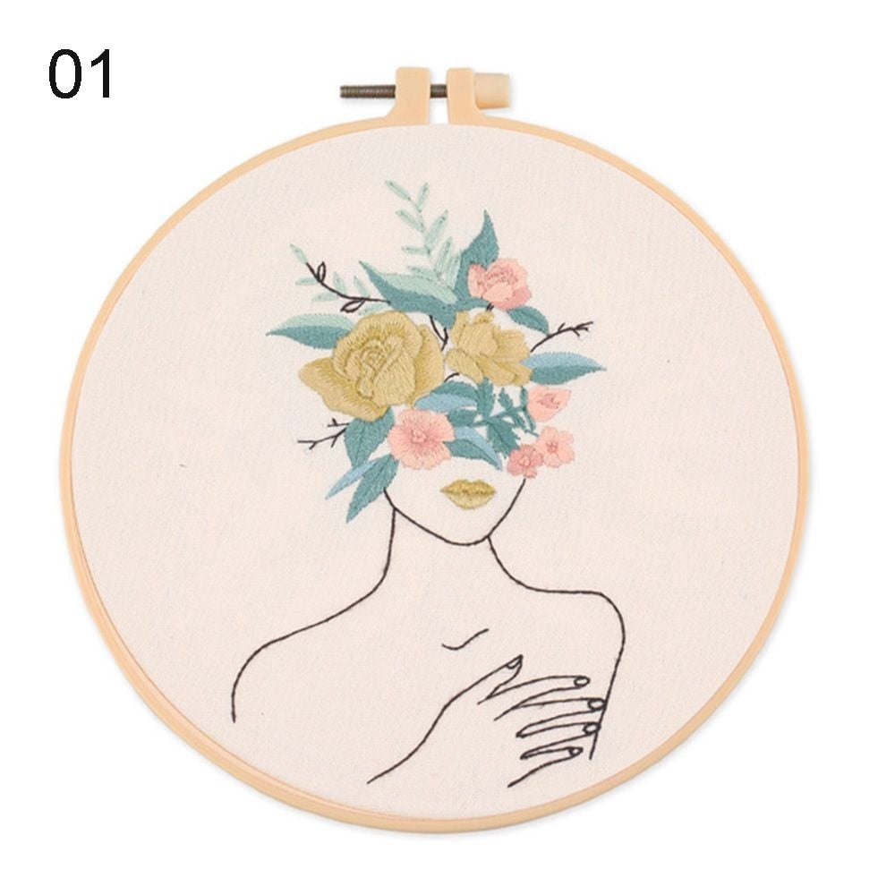 DIY Embroidery Starter Kit with Hoop - Lady Floral Head Range Embroidery