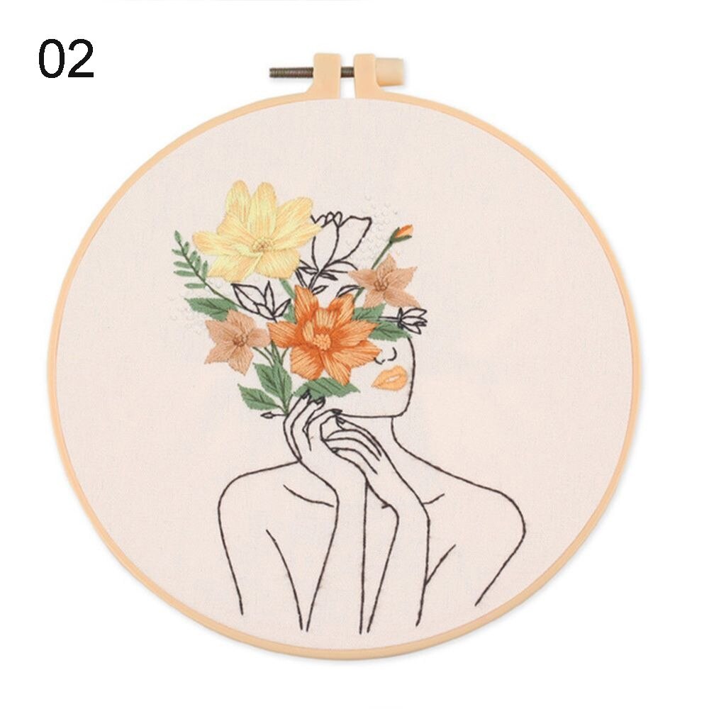 DIY Embroidery Starter Kit with Hoop - Lady Floral Head Range