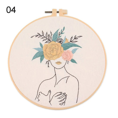 DIY Embroidery Starter Kit with Hoop - Lady Floral Head Range Embroidery