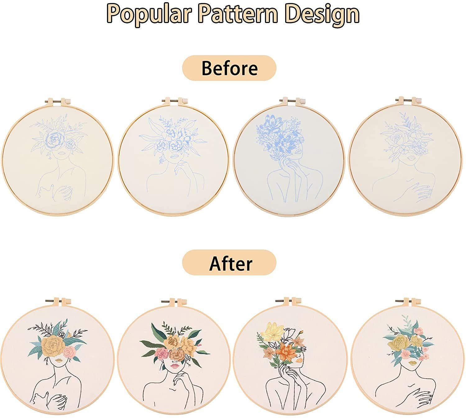 DIY Embroidery Starter Kit with Hoop - Lady Floral Head Range Embroidery