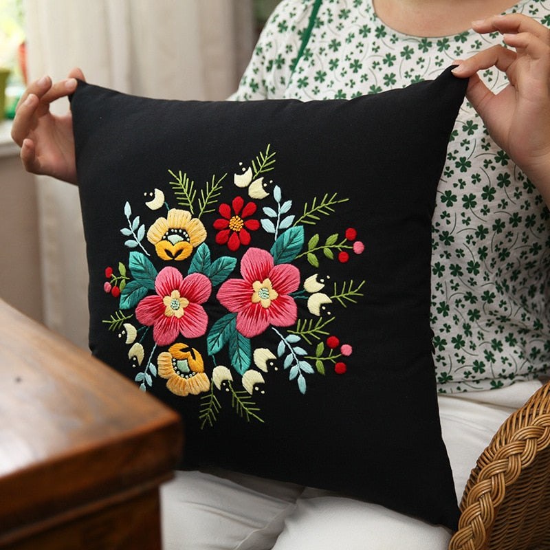 DIY Floral Embroidery Cushion Case Kit - Black Art