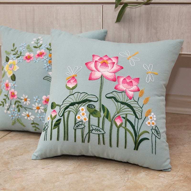 DIY Floral Embroidery Cushion Case Kit - Blue Art