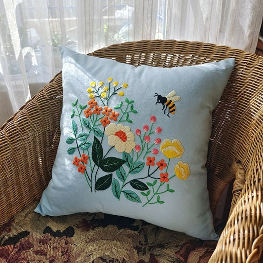 DIY Floral Embroidery Cushion Case Kit - Blue Bee Art