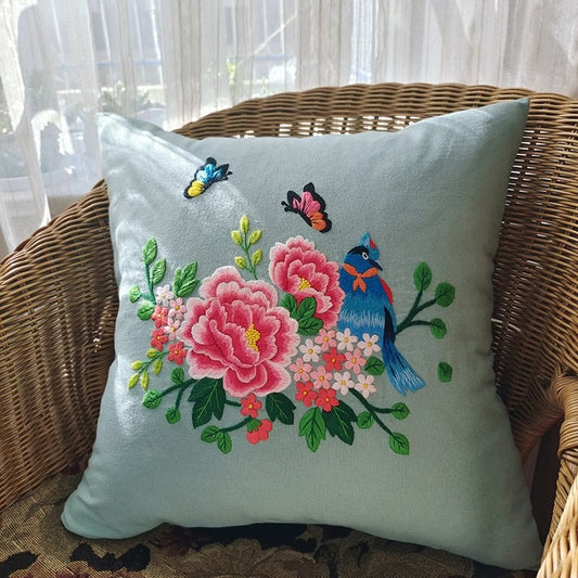 DIY Floral Embroidery Cushion Case Kit - Blue Butterfly Art