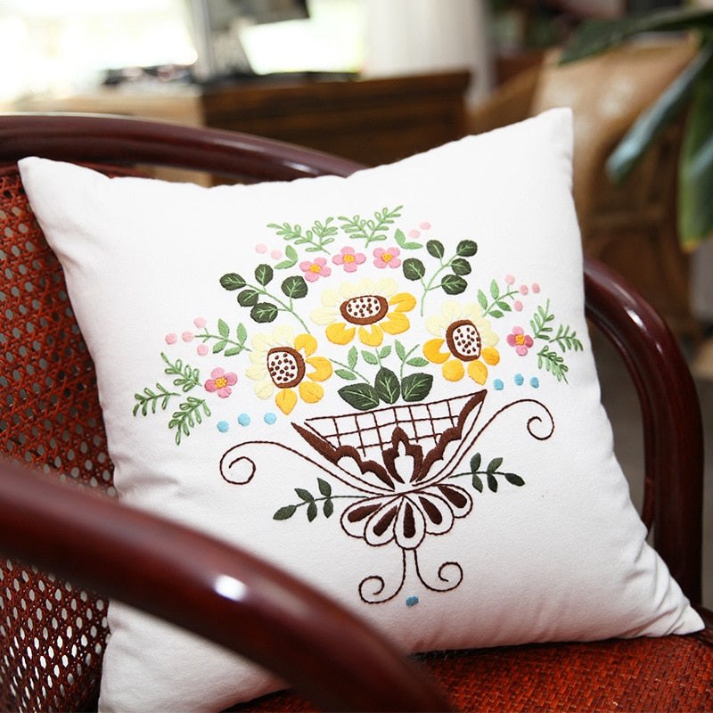DIY Floral Embroidery Cushion Case Kit - Blue Wreath Art