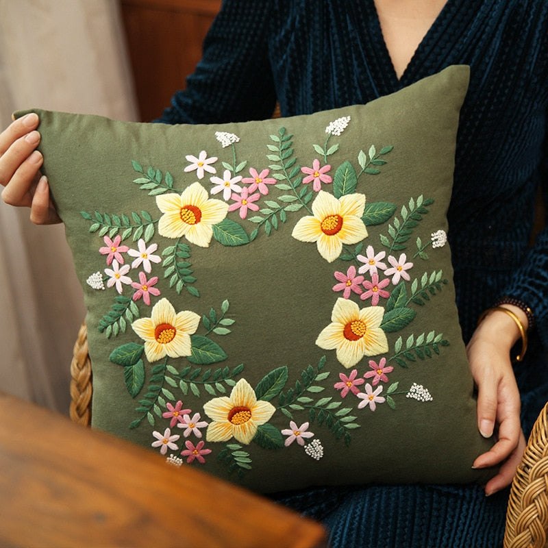 DIY Floral Embroidery Cushion Case Kit - Green Art