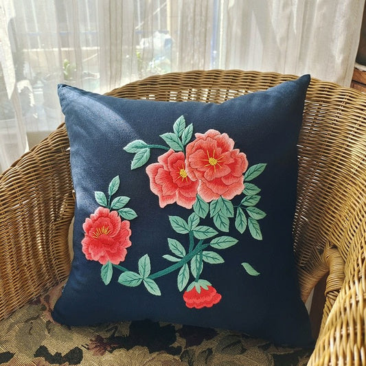 DIY Floral Embroidery Cushion Case Kit - Navy Art