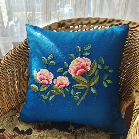 DIY Floral Embroidery Cushion Case Kit - Royal Blue Art