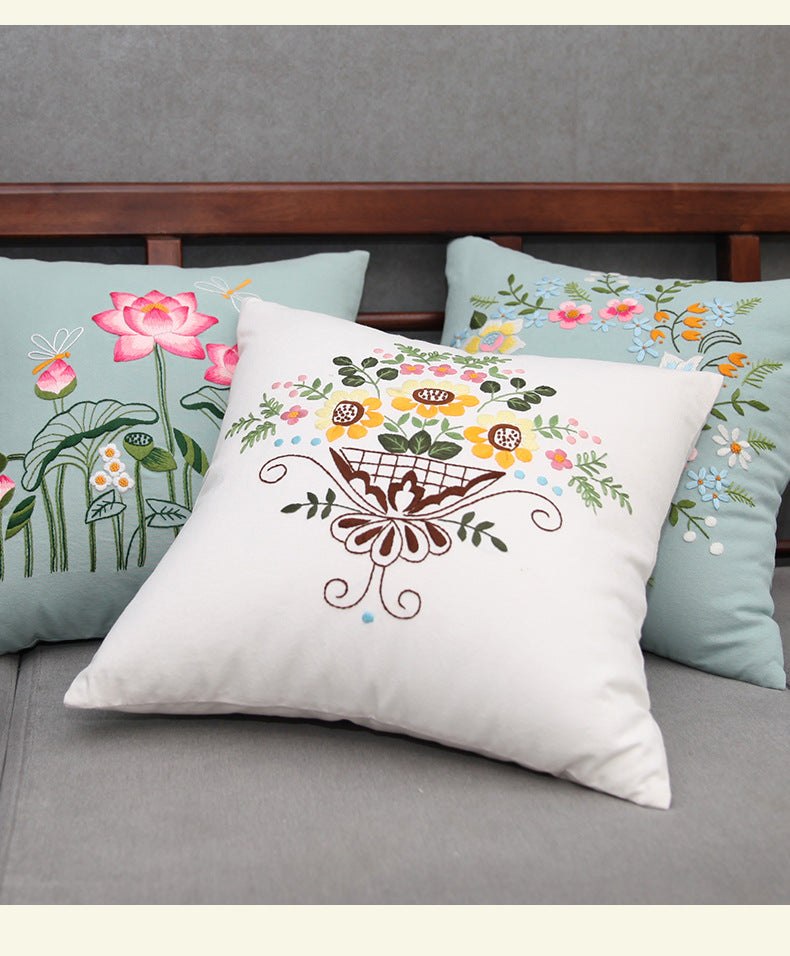 DIY Floral Embroidery Cushion Case Kit - White Art