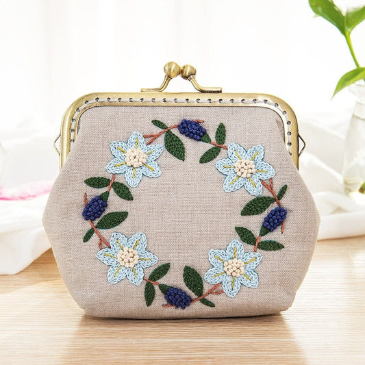DIY Handmade Embroidered Coin Purse Kit - Blue Floral Wreath Embroidery