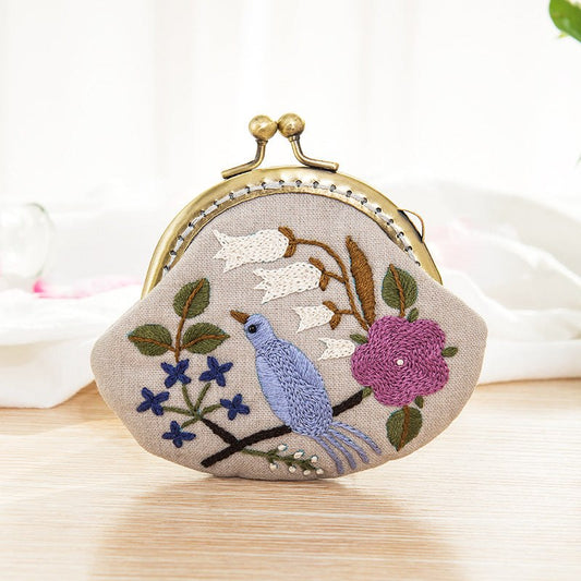 DIY Handmade Embroidered Coin Purse Kit - Floral Blue Bird Embroidery
