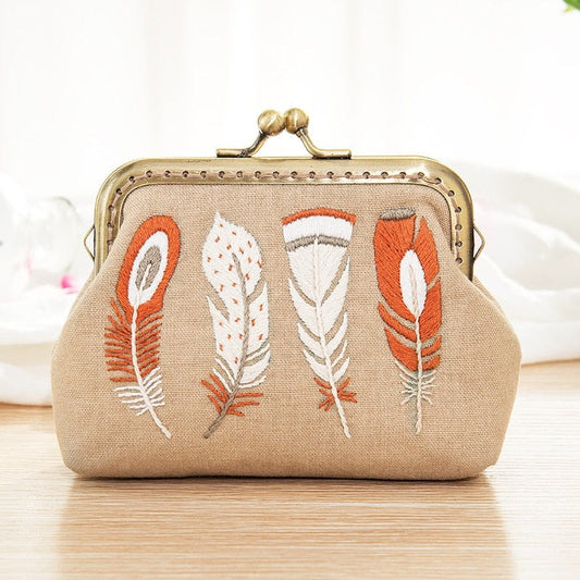 DIY Handmade Embroidered Coin Purse Kit - Indian Feathers Embroidery