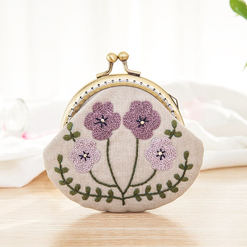 DIY Handmade Embroidered Coin Purse Kit - Lavender Flowers Embroidery