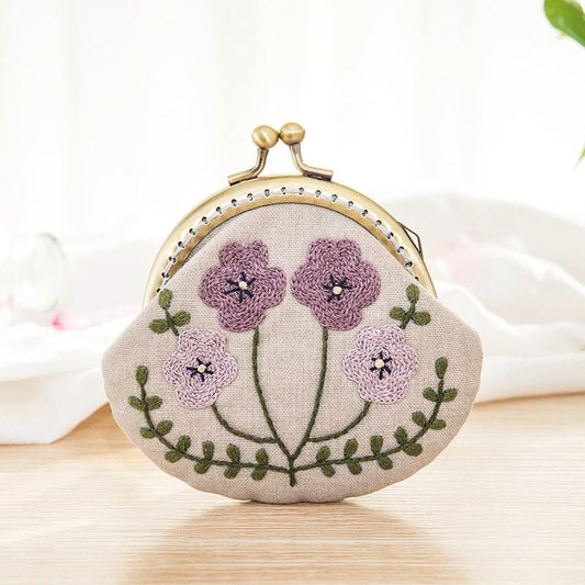 DIY Handmade Embroidered Coin Purse Kit - Lavender Flowers Embroidery