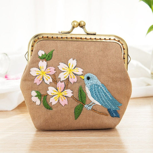 DIY Handmade Embroidered Coin Purse Kit - Little Blue Bird Embroidery