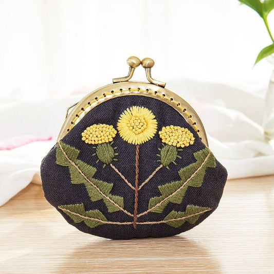 DIY Handmade Embroidered Coin Purse Kit - Navy Yellow Blossom Embroidery