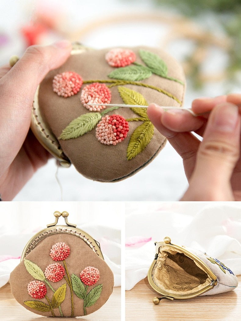 DIY Handmade Embroidered Coin Purse Kit - Pink Blossom Embroidery