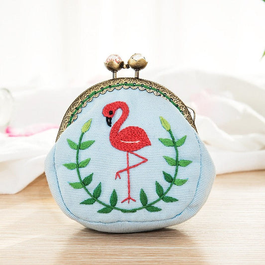 DIY Handmade Embroidered Coin Purse Kit - Pink Flamingo Embroidery