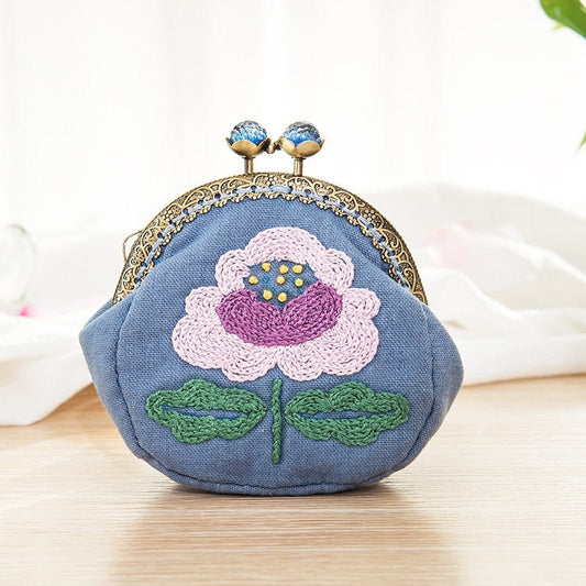 DIY Handmade Embroidered Coin Purse Kit - Purple Flower Embroidery
