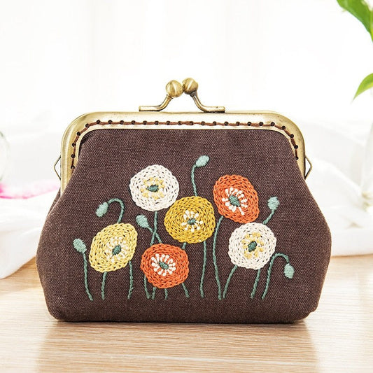 DIY Handmade Embroidered Coin Purse Kit - Vintage Floral Embroidery