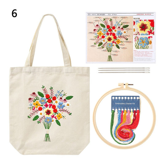 DIY Natural Canvas Tote Bag Embroidery Kit Floral Bunch Art