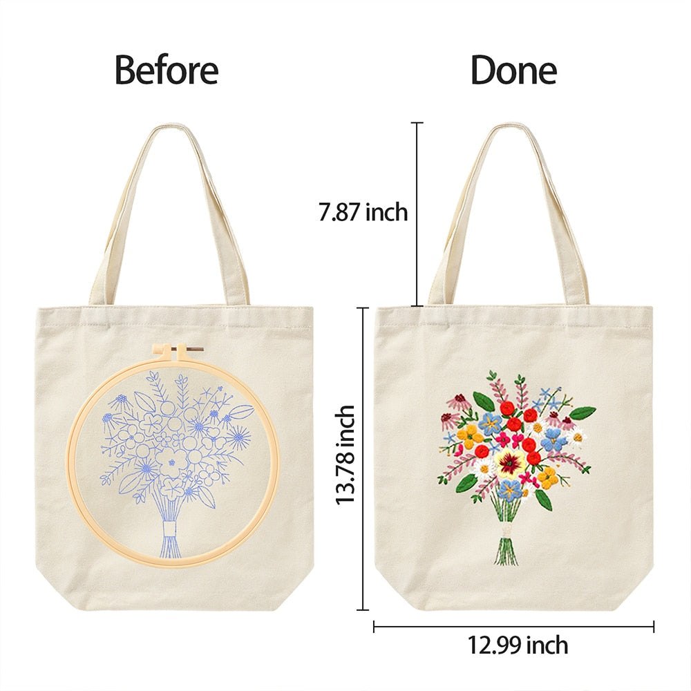 DIY Natural Canvas Tote Bag Embroidery Kit Floral Bunch Art